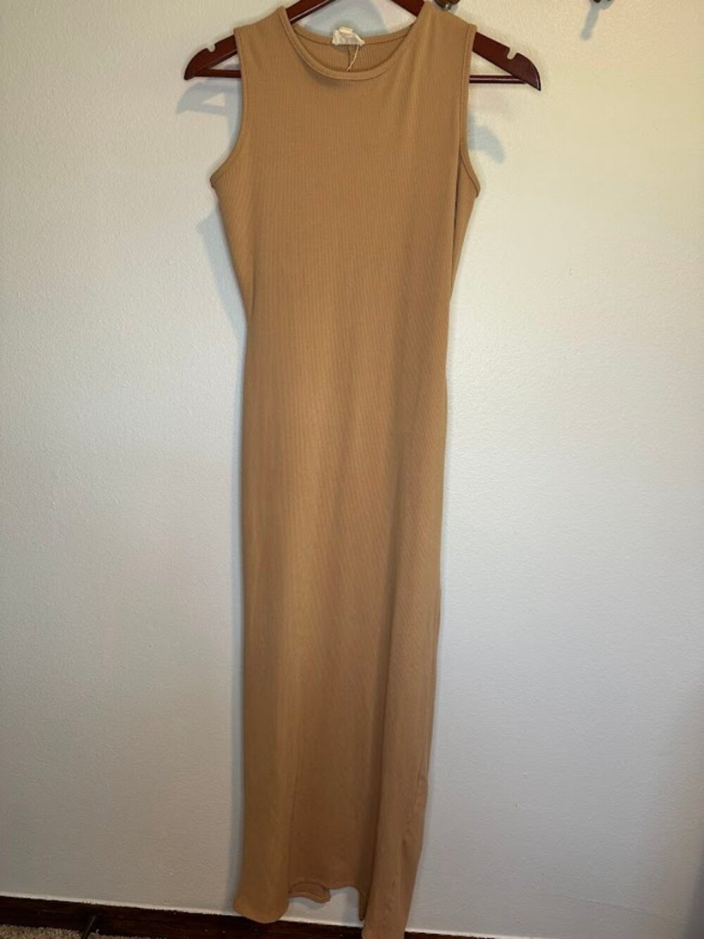 See You Monday Tan Sleeveless Ribbed Knit Maxi Tank Dress - L